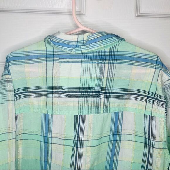 Justice Paint Splatter Silver Thread Plaid Button Down Shirt Green Blue 12 - Picture 6 of 9